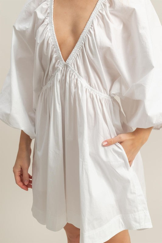 HYFVE Plunge Balloon Sleeve Poplin Mini Dress with Pockets